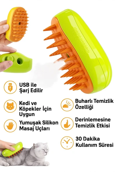 Evcil Hayvanlar İçin Buhar Püskürtmeli Tüy Temizleme Tarağı USB Şarjlı Masaj Etkili Kedi Köpek Tarak - 6