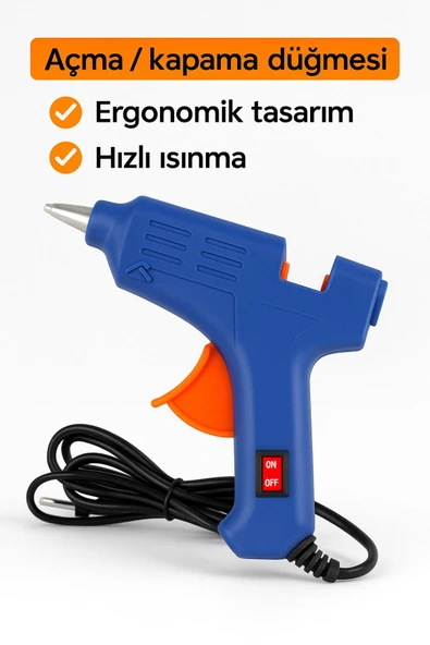 40 Watt Sıcak Silikon Tabancası | Metal Uçlu, Açma Kapama Düğmeli, Hobi ve El İşleri için Uygun