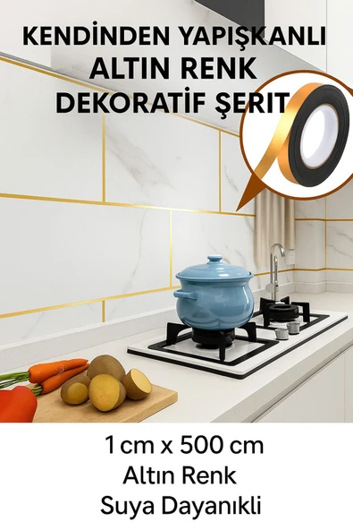 5 Mt Dekoratif Seramik Fayans Karo Boşluk Bandı Gold Kendinden Yapışkanlı Mermer Tavan Zemin Bandı
