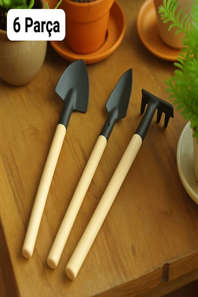 Ahşap Saplı Bonsai Çiçekleri Ve Saksı Bitkileri Için Bahçe Araçları Mini Kürek Tırmık Seti 6 Parça