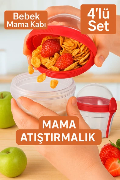 4 Adet Taşınabilir 500 ml Bebek Mama Saklama Atıştırmalık Kabı Hazneli, Plastik, Sızdırmaz - 3