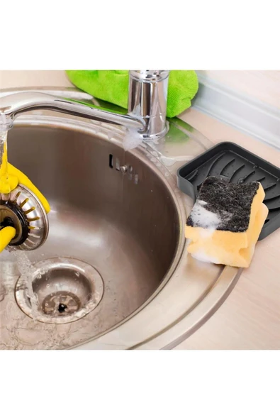 Su Giderli Drenajlı Silikon Sabunluk Kaymaz Banyo Mutfak Lavabo Kenarı Sünger Tutucu Siyah - 7
