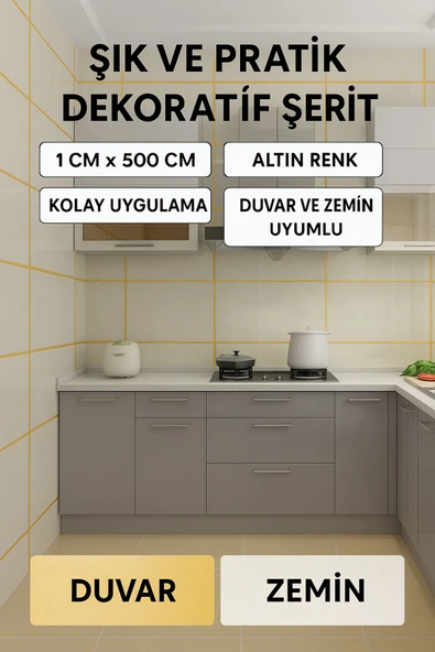 5 Mt Dekoratif Seramik Fayans Karo Boşluk Bandı Gold Kendinden Yapışkanlı Mermer Tavan Zemin Bandı - 2