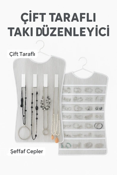 2 Adet Çift Taraflı Dolap İçi Asılabilir Takı Aksesuar Kolye Bilezik Küpe Yüzük Düzenleyici - 6