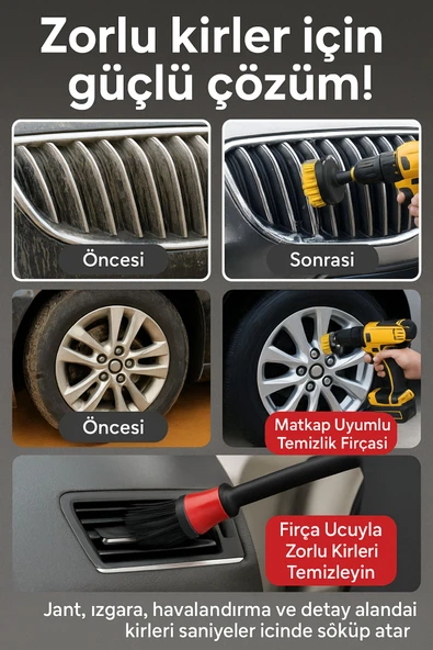 Matkap Ucuna Takılan 3'lü Araba Jant Temizlik Fırçası & 5 Adet 5 Boy Detaylı Oto Temizlik Fırçası - 6