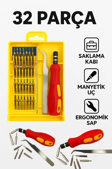 32 Parça Mini Tornavida Seti Manyetik Uçlu Kompakt Tamir Kiti Telefon Saat Gözlük PC Tablet Tamiri