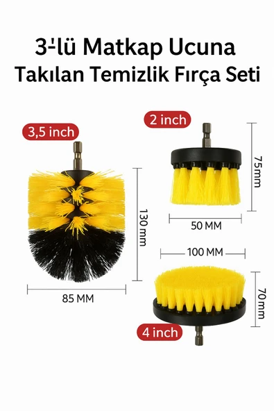 Matkap Ucuna Takılan 3'lü Araba Jant Temizlik Fırçası & 5 Adet 5 Boy Detaylı Oto Temizlik Fırçası - 4
