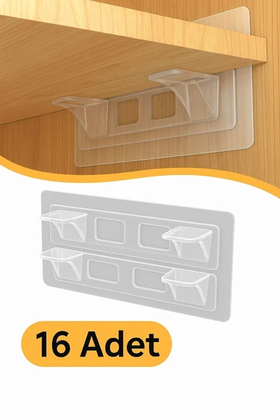 16 Adet Yapışkanlı Raf Sabitleyici Aparat | Delmeden Takılan Raf Ayağı - Kiracılara Uygun Pratik