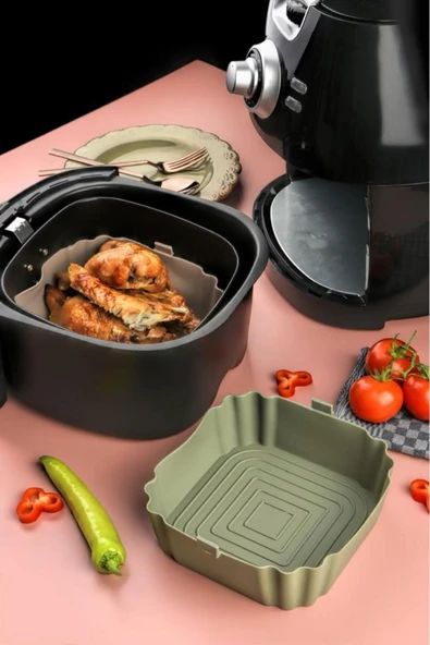 2'li Hijyenik ve Tekrar Kullanılabilir Silikon Air Fryer Yemek Kabı - Mutfakta Pratik Çözüm Kare - 2