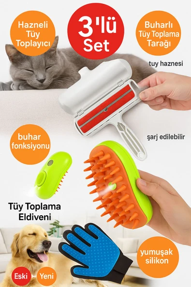 3'lü Tüy Temizleme Seti - Tüy Toplama Eldiveni, Buhar Püskürtmeli Tarak, Hazneli Gırgır - 5