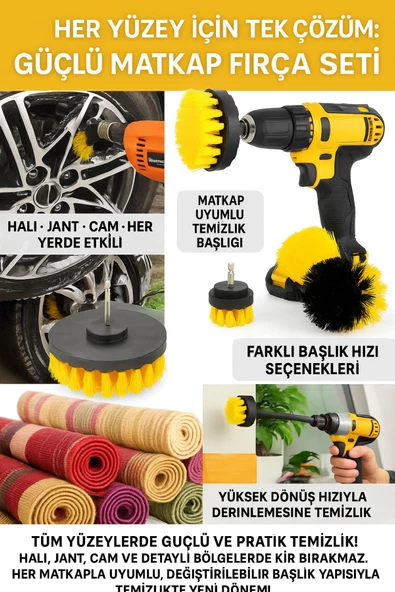 Matkap Ucuna Takılan 3'lü Araba Jant Temizlik Fırçası & 5 Adet 5 Boy Detaylı Oto Temizlik Fırçası - 2