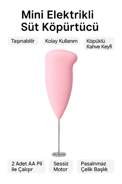 2 Adet Pembe Mini Pilli Süt Köpürtücü Kahve Içecek Hazırlamak Için Mikser Yumurta Çırpıcı Paslanmaz - 4