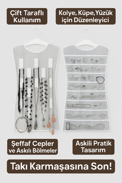 2 Adet Çift Taraflı Dolap İçi Asılabilir Takı Aksesuar Kolye Bilezik Küpe Yüzük Düzenleyici - 5