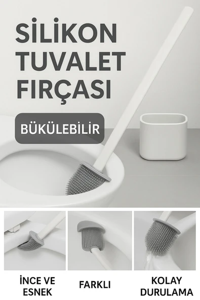 3 Adet Wc Klozet Tuvalet Temizleme Fırçası Esnek Yumuşak Silikon Fırça Duvara Sabitleyici Tutucu Set - 3