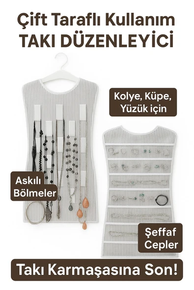 2 Adet Çift Taraflı Dolap İçi Asılabilir Takı Aksesuar Kolye Bilezik Küpe Yüzük Düzenleyici - 3