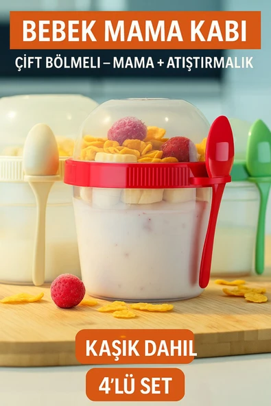 4 Adet Taşınabilir 500 ml Bebek Mama Saklama Atıştırmalık Kabı Hazneli, Plastik, Sızdırmaz - 4