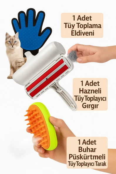 3'lü Tüy Temizleme Seti - Tüy Toplama Eldiveni, Buhar Püskürtmeli Tarak, Hazneli Gırgır