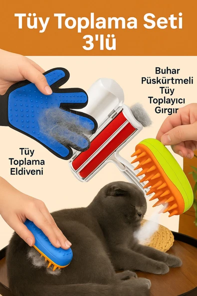 3'lü Tüy Temizleme Seti - Tüy Toplama Eldiveni, Buhar Püskürtmeli Tarak, Hazneli Gırgır - 6