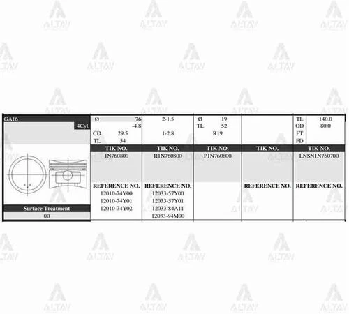 Tik 1N760800 -STD Piston Takım Sunny 1.6L 90-91 Primera 96-00 76.00Mm Ga16 Std