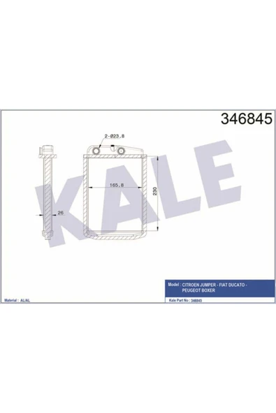 Kale 346845  Kalorifer Radyatörü Ducato 06- / Boxer 06- / Jumper 06- Relay 06- Brazıng 230X163X26