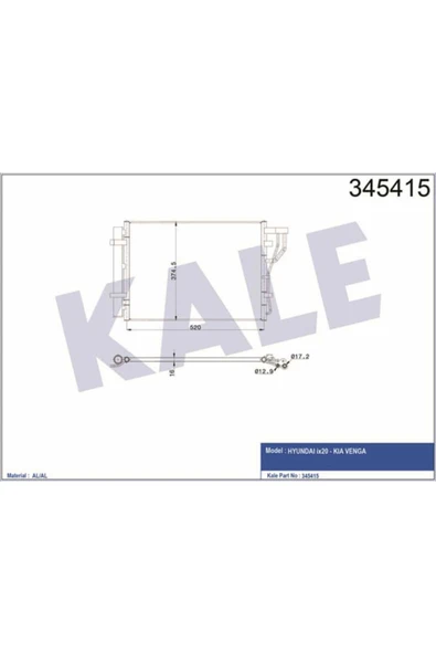 Kale 345415 OTO Radyatör  Klima Radyatörü İx20 1.4 1.6 10- Kia Venga 1.4 1.6 Cvvt 10- 545X366 Al Al ürün görseli