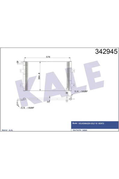 Kale 342945 OTO Radyatör  Klima Radyatörü Golf III 91-97 Golf Cabrıolet 94-97 Vento 91-97 ürün görseli