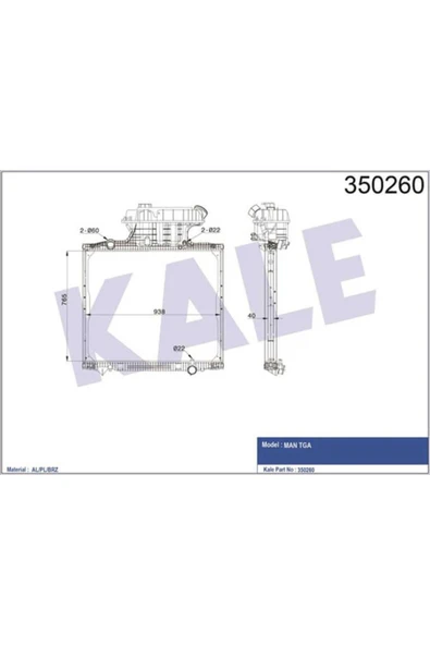 Kale 350260 OTO Radyatör  Radyatör Al/Brz Man Tga Çerçeveli Mt 765×938×40 - 1