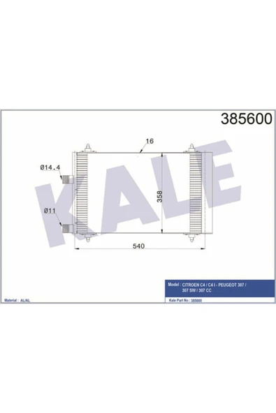 Kale 385600 OTO Radyatör  Klima Radyatörü 307 00- / C4 04- 1.6 HDI C5 00- 540X358X16 ürün görseli 1