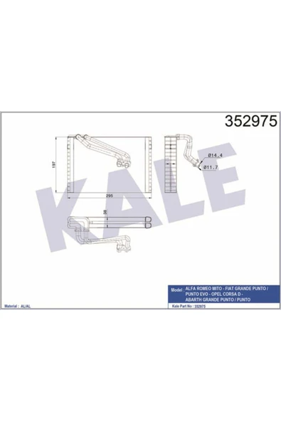 Kale 352975  Evaporator (250×194×38) Alfa Romeo Mıto Grande Punto Corsa D 1.2 1.3 1.4 1.6  05-14 ürün görseli 1