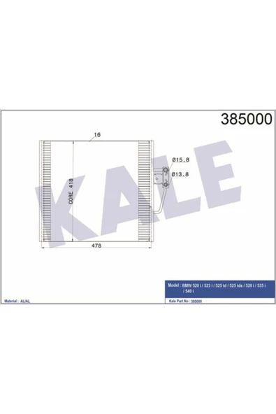 Kale 385000 OTO Radyatör  Klima Radyatörü Bmw 5 E36 E39 95- 478X418X16