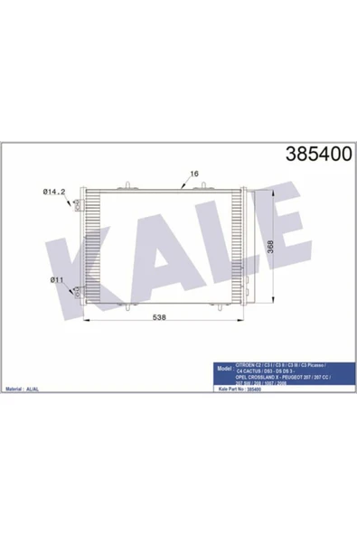 Kale 385400  Klima Radyatörü 207 06- 208 12- 1007 05- 2008 13- / C2 04- C3 I 04- C3 II 09- 538X368X16 ürün görseli