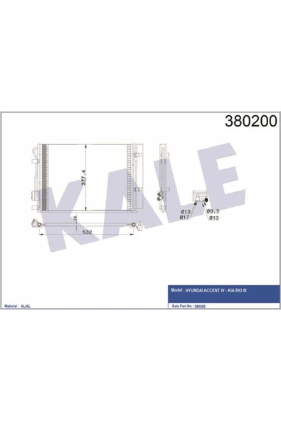 Kale 380200 OTO Radyatör  Klima Radyatörü Accent Blue 1.4İ Rio III Al Al 530X371X16 ürün görseli