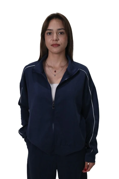 Kadın Modal Kumaş Kontrast Detaylı Rahat Kalıp Lacivert Ceket Hırka