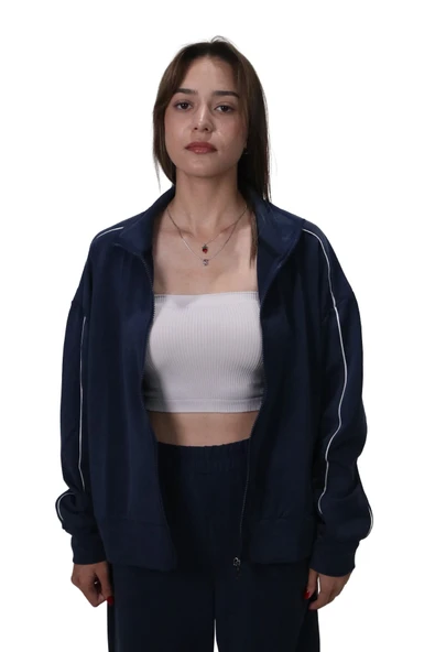 Kadın Modal Kumaş Kontrast Detaylı Rahat Kalıp Lacivert Ceket Hırka - 4