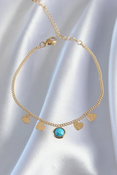 316L Çelik Gold Renk Minimal Kalpli Mavi Taş Detaylı Bileklik - EBJ240807W25530 - Resim 2