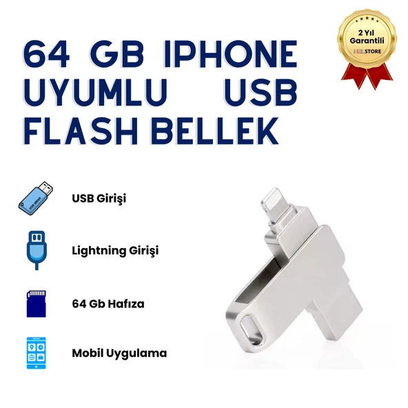 64GB iPhone Uyumlu USB Flash Bellek OTG Destekli Lightning ve USB Girişli Taşınabilir Hafıza ürün görseli 1