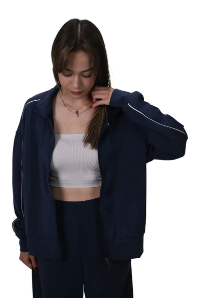 Kadın Modal Kumaş Kontrast Detaylı Rahat Kalıp Lacivert Ceket Hırka - 3