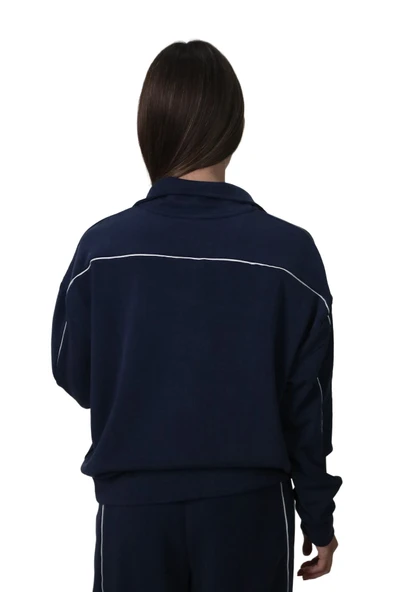 Kadın Modal Kumaş Kontrast Detaylı Rahat Kalıp Lacivert Ceket Hırka - 5