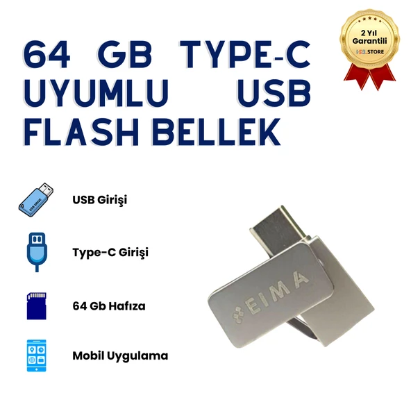 64GB Type-C USB Flash Bellek OTG Destekli Çift Girişli Taşınabilir Yüksek Hızlı Depolama ürün görseli 1
