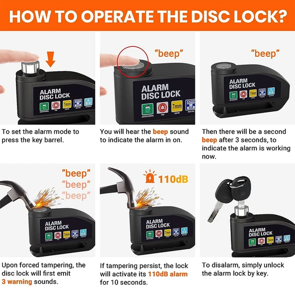 110dB Bisiklet Alarmı Disk Fren Kilidi - Siyah Kablo ile - 7