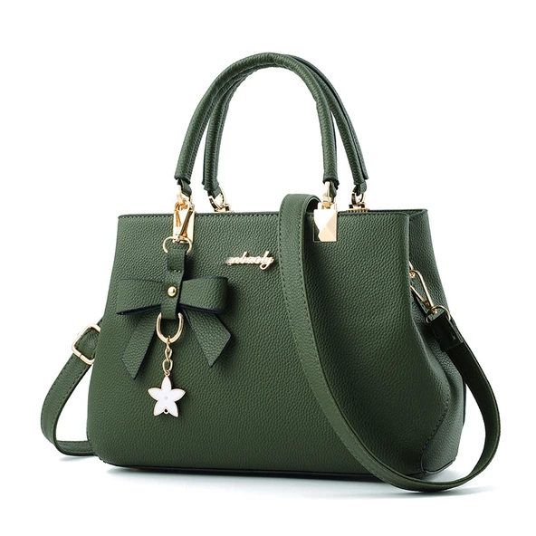 Şık Kadın Messenger Çantası - Asker Yeşili - Çiçek Süsü - 28cmx11cmx19cm - 4