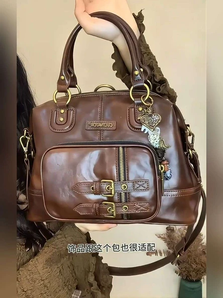 Retro Kahverengi Deri Mini Sırt Çantası - 31x24x14cm