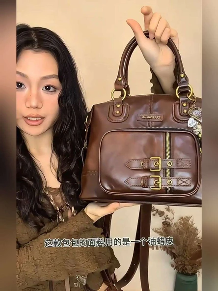 Retro Kahverengi Deri Mini Sırt Çantası - 31x24x14cm - 10