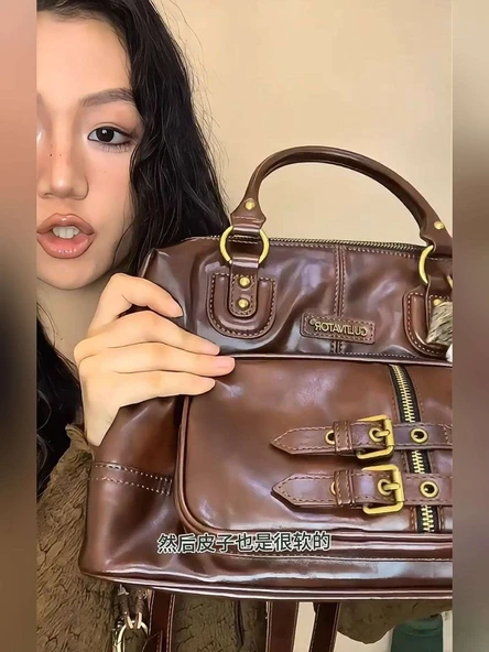 Retro Kahverengi Deri Mini Sırt Çantası - 31x24x14cm - 11