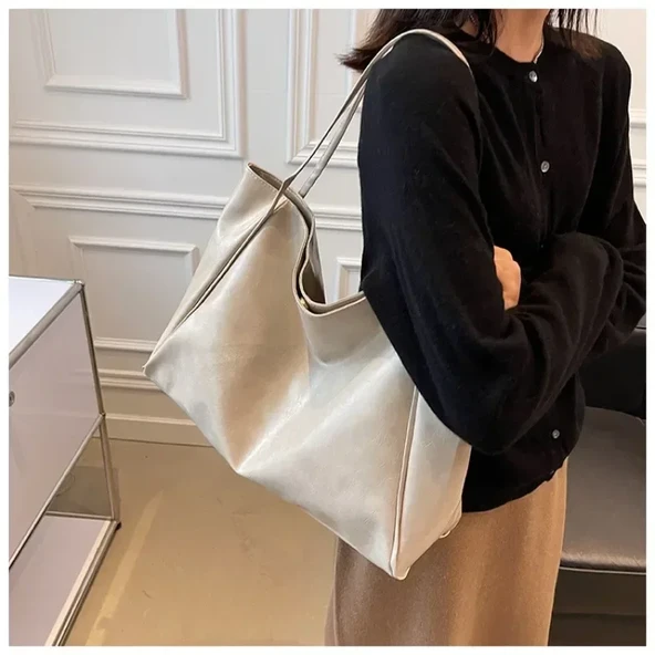 Kadın Moda PU Deri Tote Çanta - Krem Beyaz - 29 cm