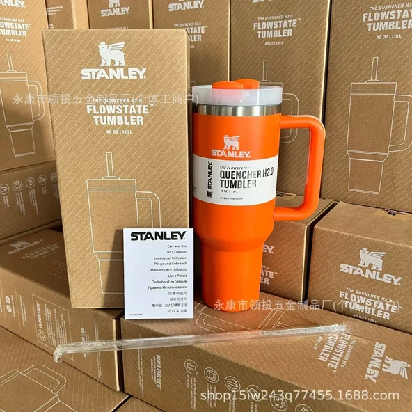 Paslanmaz Çelik Pipetli Kupa 1200ml - Turuncu