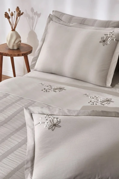 Özdilek Pamuk Saten Nakışlı Çift Kişilik Nevresim Takımı-Clivia Bej - 2