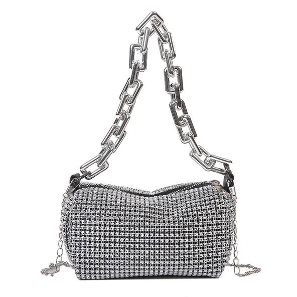 Rhinestone Mini Çanta - Siyah - Parlak Zincirli - 7