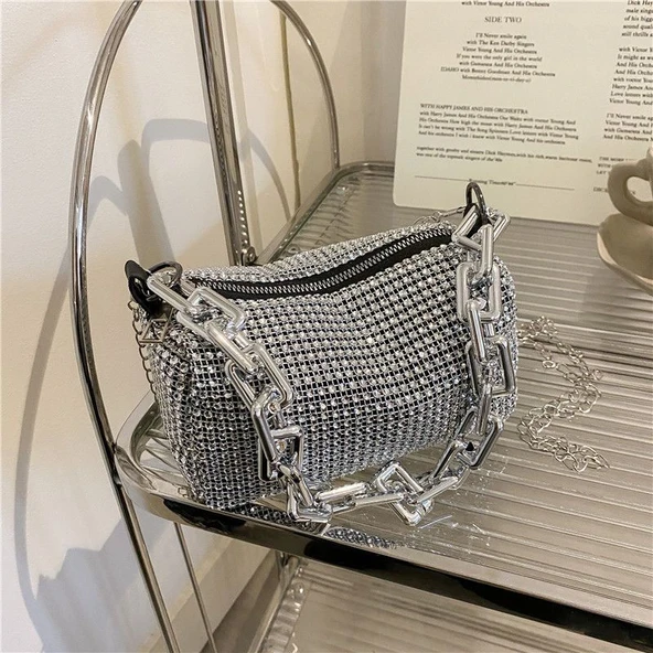 Rhinestone Mini Çanta - Gümüş - Parlak Zincirli - 3