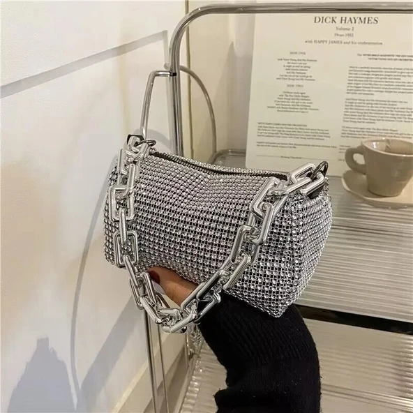 Rhinestone Mini Çanta - Gümüş - Parlak Zincirli